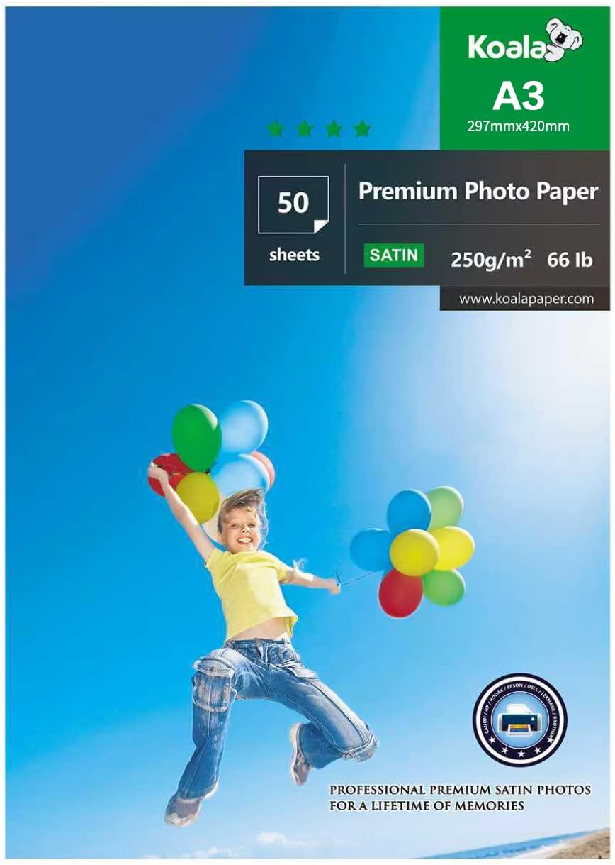 KOALA Inkjet Satin/Oyster Photo Paper A3 Size 420x297mm 250gsm 50 Sheets with Premium Satin Advanced Resin Coated for Canon Hp Epson Inkjet Printer
