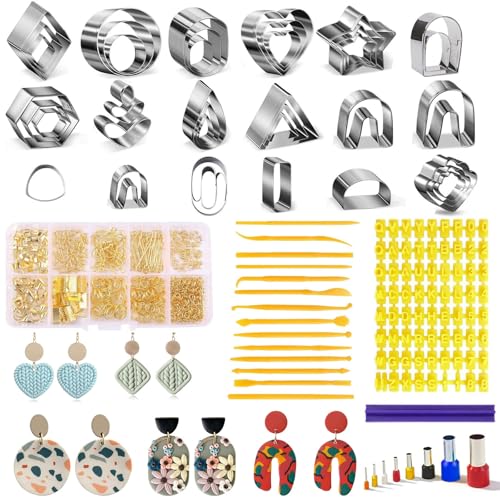 Fesorsi 772 Pcs Clay Earring Making Kit 39 Polymer Clay Molds Stainless Steel Polymer Clay Tools with 8 Circle Cutters 1 Clay Letter Stamps and 710 Pcs Earring Accessories for DIY Jewelry