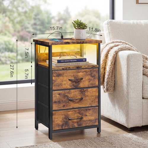 Image of Fixwal Night Stand with Charging Station, LED Nightstand with Fabric Drawers, End Table with PU Finish, Bed Side Table, Rustic Brown