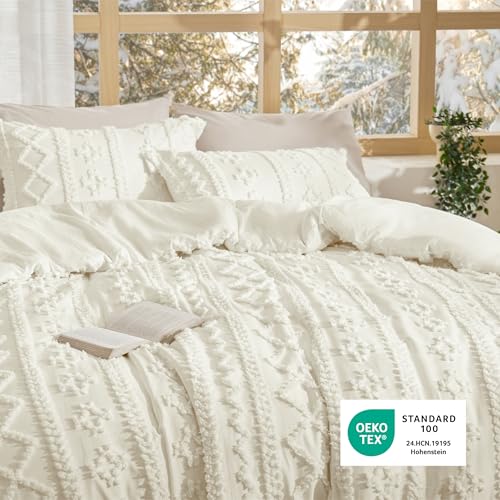 Image of Bedsure Tufted Boho Comforter Set Full Size - White Boho Bed Set, GentleSoft 3 Pieces Farmhouse-Style Embroidery Bedding, Gifts for Woman, Soft Jacquard Kids' Full Comforter for All Seasons