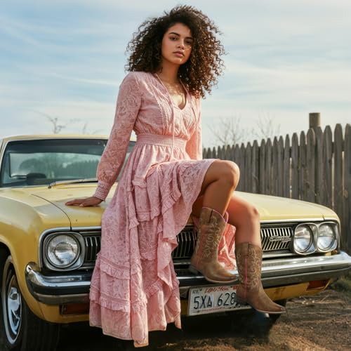 SheSole Women's Cowboy Boots Square Toe Western Cowgirl Mid Wide Calf Embroidered Boots Brown4