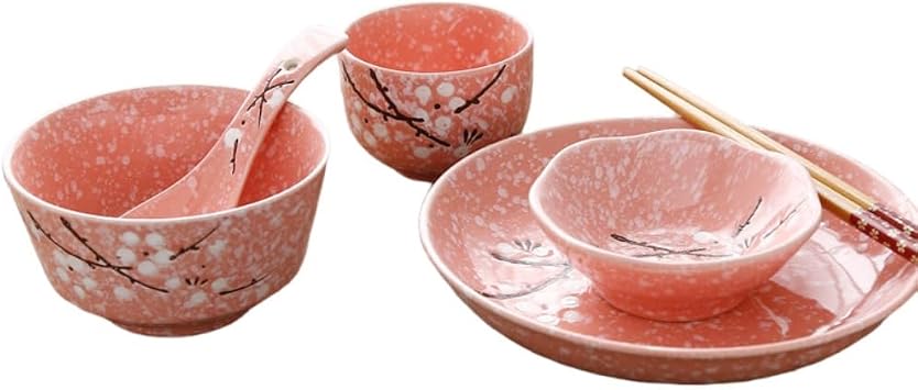 Retro Style 6-Piece Dinnerware Set Rice Bowl, Serving Plate, Chopsticks, Small Plate, Vegetable Plate, Single Person Ceramic Dinnerware Set, Japanese Food, Home or Living Alone, Perfect for Gift and Daily Use, Durable and Stylish Table Decoration Pink