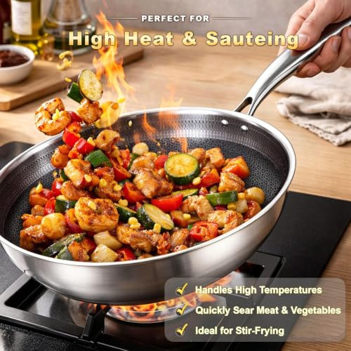 Image of LOLYKITCH Hybird Nonstick Wok Pan with Lid | 10-Inch | Rivented Handle | Non Toxic | Tri-Ply Stainless Steel | Ceramic Coating | Stir Fry Pan | Induction Compatible | Dishwasher & Oven Safe