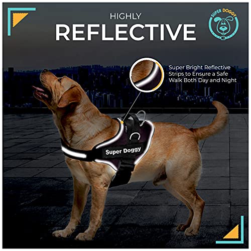 SUPER DOGGY Personalisiertes Hundegeschirr - Reflektierendes und sicheres Hundegeschirr - Enthält 2 Namensschilder, Klein, Mittel und Groß - Qualität und Beständigkeit (Negro, XS 3-7KG)
