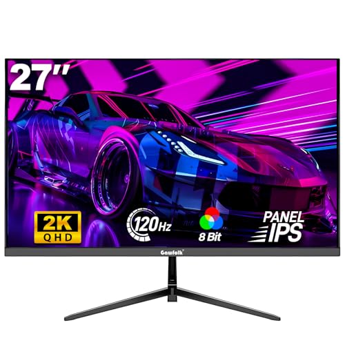 Gawfolk Gaming Monitor 27 Zoll QHD, 2K IPS PC Bildschirm 120Hz, 2560×1440P, FreeSync, HDMI, DisplayPort, VESA 75 * 75mm, Schwarz