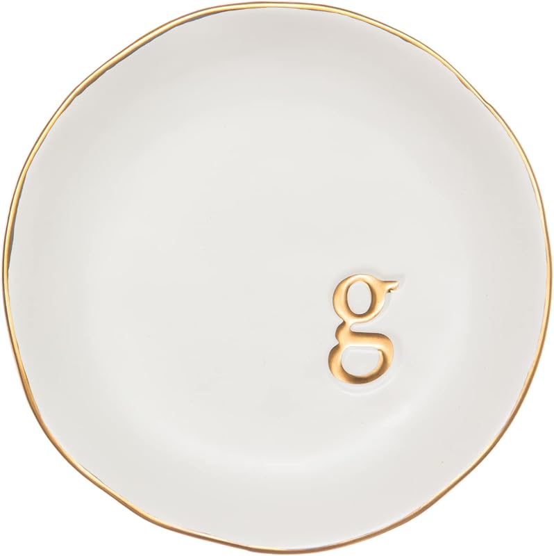 COLLECTIVE HOME Bandeja de joyería de cerámica, plato de baratijas, regalos para mujeres (G) | Día de la Madre, cumpleaños, Navidad, regalos de compromiso, tocador, decoración de mesita de noche, plato de anillo con monograma dorado en relieve con caja de regalo
