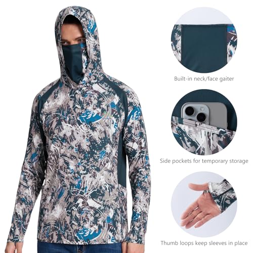 Image of Men's UPF 50+ Hoodie Shirt with Mask Long Sleeve Permanent UV Sun Protection Neck Gaiter Performance T for Outdoor