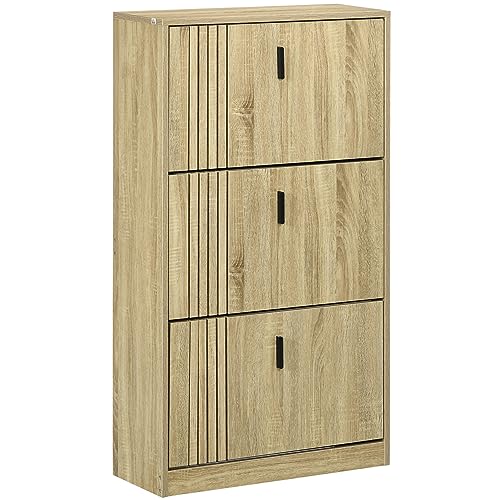HOMCOM Meuble à Chaussures à 3 abattants, 18 Paires, Armoire à Chaussures 3 Compartiments, Grande capacité pour entrée, Couloir, Salon, 63 x 24 x 117 cm,...