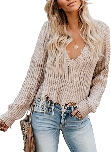 Aleumdr Womens V Neck Sexy Tassel Hem Full Sleeve Loose Ripped Sweater Jumper Lightweight Oversized Pullover Knitted Crop Top Apricot Small 4 6