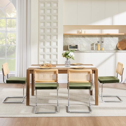 Image of Zesthouse Mid Century Modern Dining Chairs Set of 4, Natural Rattan Dining Chairs with Solid Wood Back & Chrome Base, Upholstered Velvet Fabric, Green