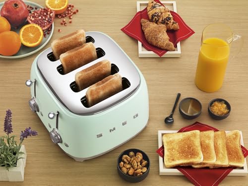 Image of SMEG 4 Slice Toaster TSF03, Retro Stainless-Steel Toaster with Wide Slots for Bagels, 6 Browning Levels, Defrost Reheat Bagel Functions, Dual Controls, Crumb Trays, 1800W - TSF03PGUS - Pastel Green