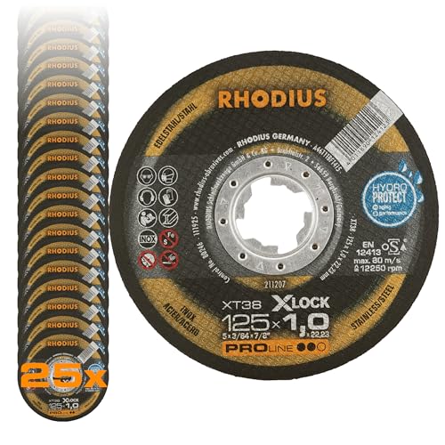 RHODIUS XT38 X-LOCK | 25 Stück Ø 125 mm x 1,0 mm | Trennscheibe Metall | Made in Germany | für Winkelschleifer, INOX, Edelstahl, Stahl