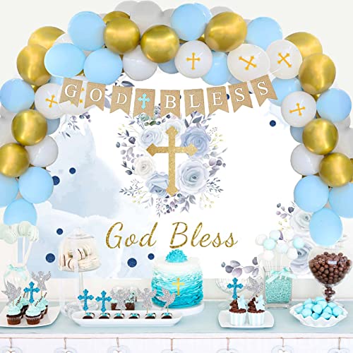 97 Pcs Baptism Decorations For Boys, Fiesec First Communion Christening Party Decorations God Bless Backdrop Balloon Garland Arch Linen Banner Poster Cake Cupcake Topper White Gold Blue #TOP6