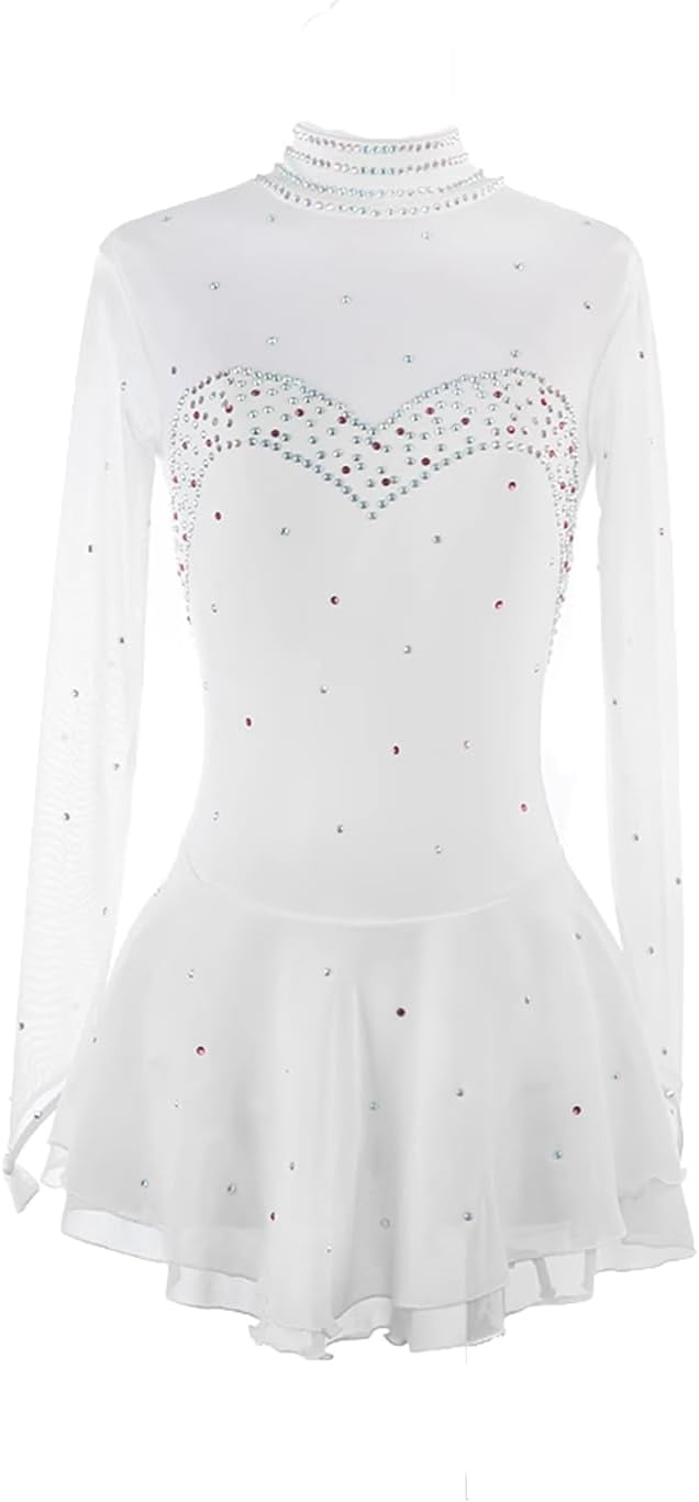 Girl Ice Skating Dress Long Sleeves Sparkly Beaded Figure Skating Dress Kid Ballet Dance Dress Gymnastic Performance Costume