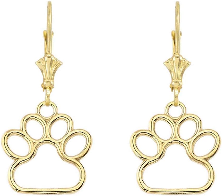 Elegant 10k Yellow Gold Dog Paw Print Outline Leverback Earrings (Small)
