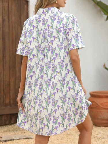 Image of LifeShe Summer Floral Dress Women's Printed Casual Sundress Short Sleeve Button Up Shirt Dresses with Pockets