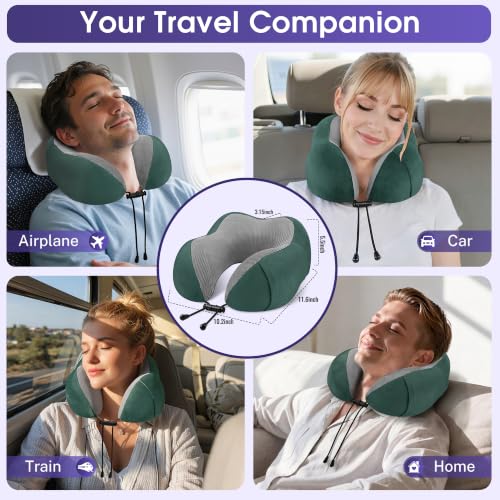 Image of CloudBliss Travel Pillow for Airplane, Memory Foam Neck Pillow for Travel, Compact Flight Pillow with Eye Mask, Earplugs, Carry Bag,Travel Neck Pillow for Long Flight Sleep, Plane Accessories, Green
