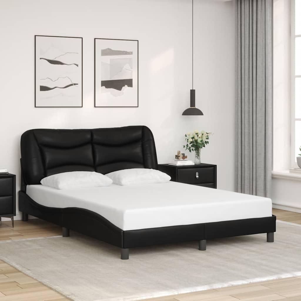 Modern Black Faux Leather Bed Frame with Headboard, Sturdy Platform Foundation, Ample Storage, Durable Slatted Design, Easy Assembly for Bedroom Mattress Support