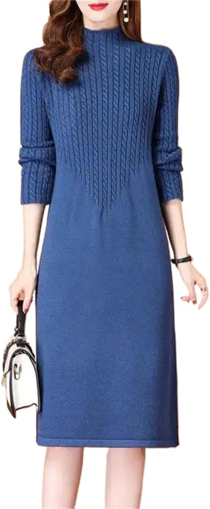 LIXINGHEITANG Turtleneck Long Sleeve Knitwear Middle-Long Dress Autumn Winter Warm Knitted Sweater Women