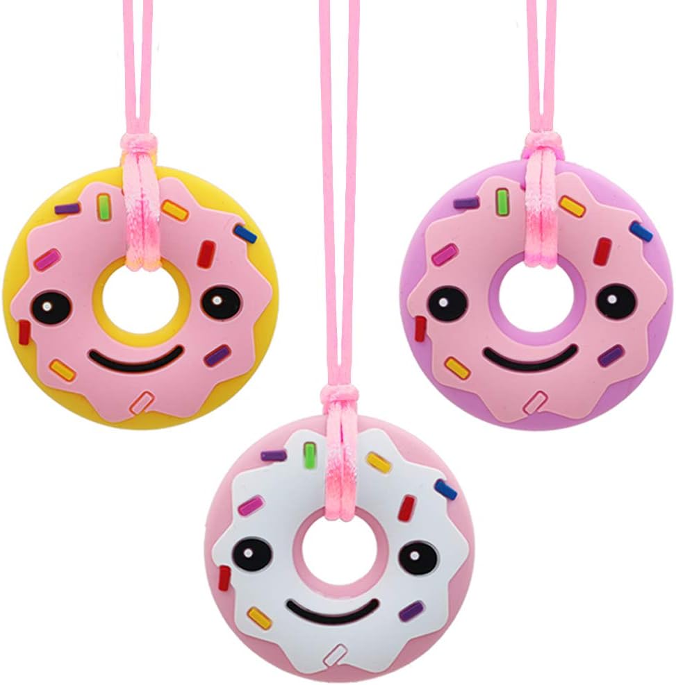 KongNai Sensory Chew Necklace for Adult, 3 Pack Silicone Donut Chewing Necklace for Teens Chewers, Anxiety Chewable Necklace for Autism ADHD SPD PICA and Oral Motor Chewing Needs
