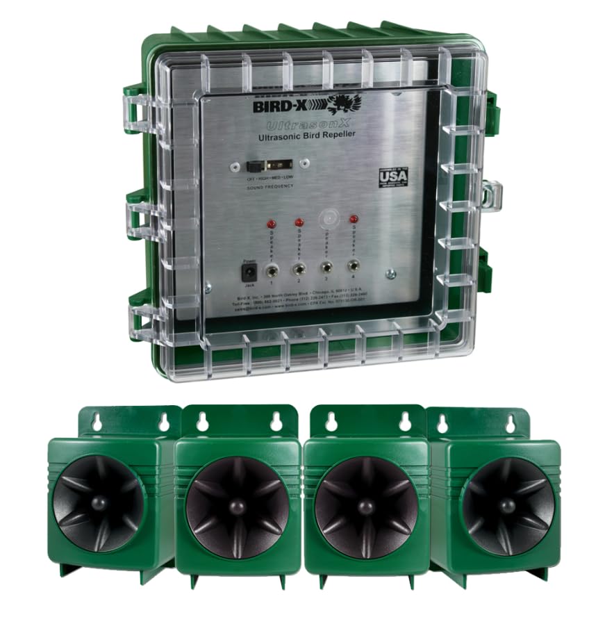 Ultrason X – Répulsif Anti-Oiseaux et Pigeons à Ultrasons, 4 Haut-Parleurs, Programmable, Portée Jusqu’à 350 m², Usage Intérieur et Extérieur