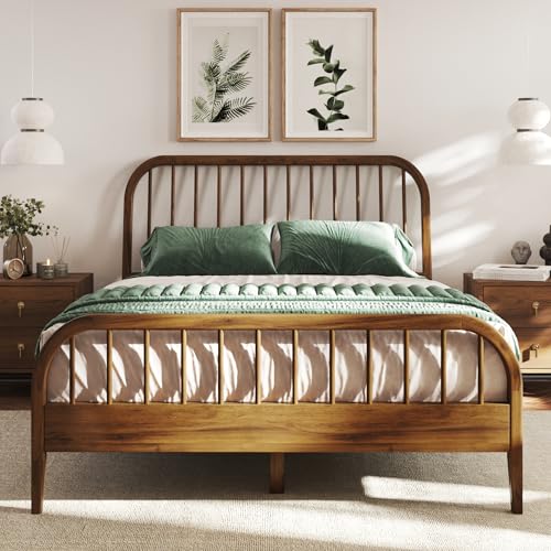 DG Casa Wesley Solid Wood Full Size Bed Frame - Mid Century Modern Style, Platform with Spindle Headboard and Footboard, No Box Spring Required, Walnut Finish