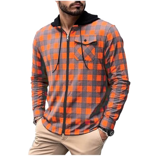 Mens Flannel Hoodie Shirt Casual Zipper Plaid Shirt Jackets Stylish Long Sleeve Shirts with Pocket with Pockets