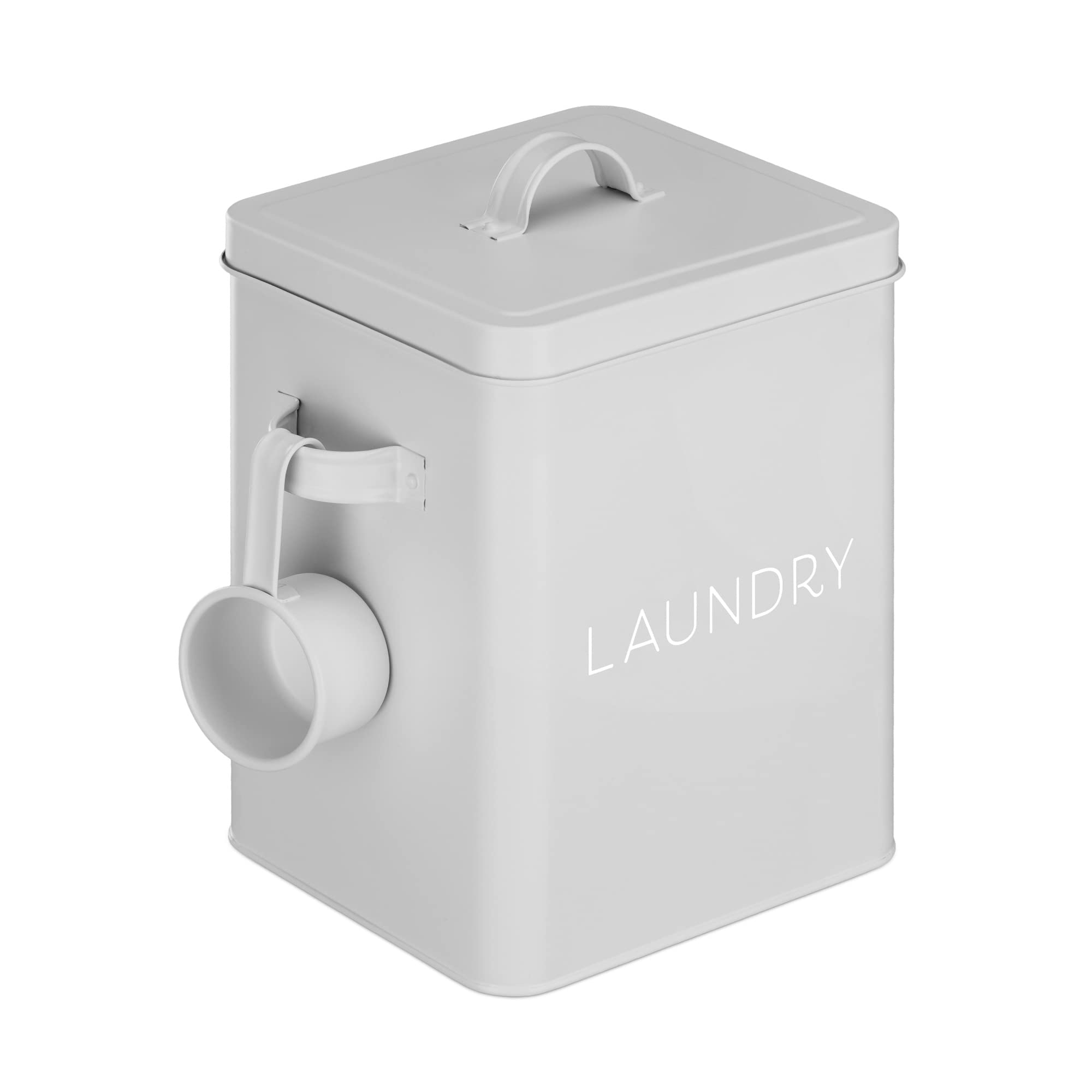 Navaris Pudełko na detergent z miarką - Metalowe pudełko do przechowywania detergentu - Pokrywa dozująca pranie - Pojemnik na proszek do prania Vintage - Szary
