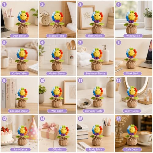 Image of Handmade Crochet Rainbow Smiley Flower in Jute Bag 16 cm, Mini Artificial Crochet Flower Pot, Cute Desk Decor for Home, Office Table, Shelf, Birthday, Friendship & Thank You Gift