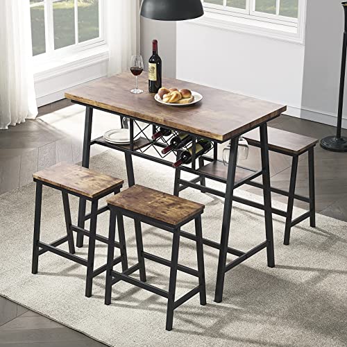 O&K Furniture Counter Height Dining Room Table Set For 4, Bar Table With One Bench And Two Stools, Industrial Table With Wine Rack For Kitchen Counter, Small Space Table And Chairs Set, Rustic Brown #TOP2