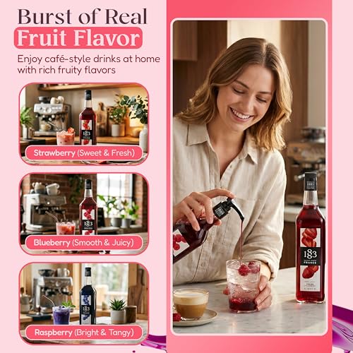 Image of 1883 Strawberry, Blueberry, Raspberry Syrups with Pumps (Berry Lovers) for Drinks - 1 Liter Plastic Bottles (Pack of 3)