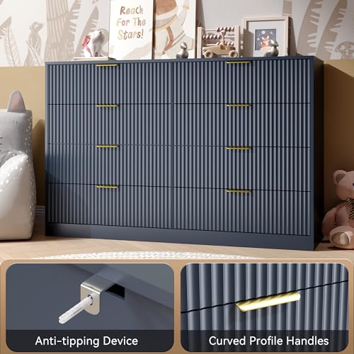 Image of Blue Fluted Dresser Bedroom with 8 Drawer,55 inch Wide White Double Drawer Dresser Modern Chest of Drawers with Gold Handles,Wood TV Stand for Bedroom,Living Room (Blue, 8 Drawer Dresser)