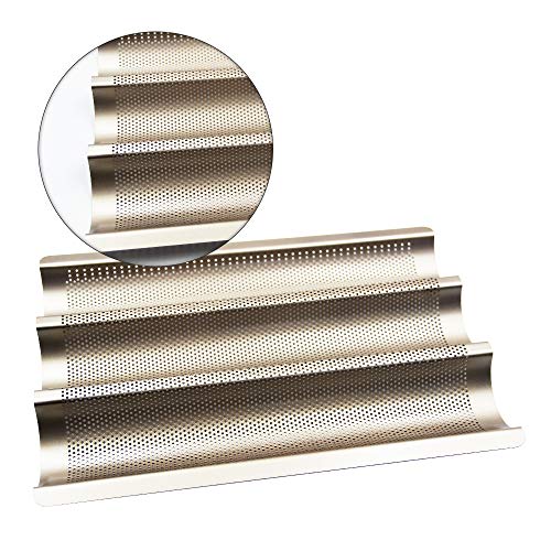 FireKylin Nonstick Perforated Baguette Pan, 15\" x 11\" French Bread Pan 3 Wave Loaves Loaf Bake Mold Toast for Oven Baking (Champagne Gold)