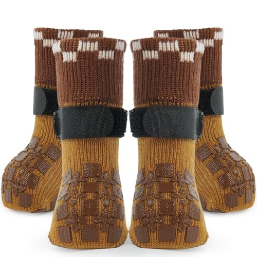 Image of ROZKITCH 2 Pairs Double Side Anti Slip Dog Socks Paws Stop Licking, Paw Protectors Warm Socks Anti Chew Dog Paw Covers Stretchy Grip Socks for Senior Dogs Outdoor Labrador Retriever Brown XL