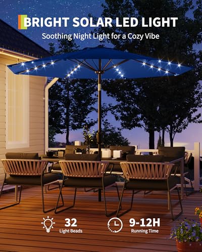 9 Ft Patio Umbrella with Solar Lights, Outdoor Table Umbrella with 32 LED Lights & Tilt Crank, 8 Ribs Market Table Umbrella for Pool, Deck, Backyard, Navy Blue