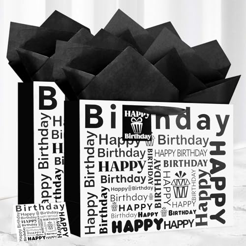 Image of JMANNI Large Happy Birthday Gift Bag with Tissue Papers and Greeting Card,Portable Paper Gift Bags with Handles,White and Black Present Bags for Women Men Birthday Party Supplies13 x 10.2 inch x 4.7 inch