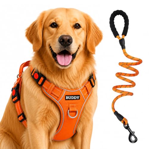 Image of Dog Harness for Large Dogs | No Pull, Adjustable, Reflective, Harness Leash Combo for 24-35Kg Pets (Orange, Large)