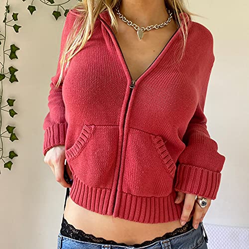 Faretumiya Women Zip Up Long Sleeve Crop Hooded Tops Ribbed Knit Cropped Hoodie Jacket Y2K Cute Sweater Pullover(Knitted Red Pink,M) #TOP2