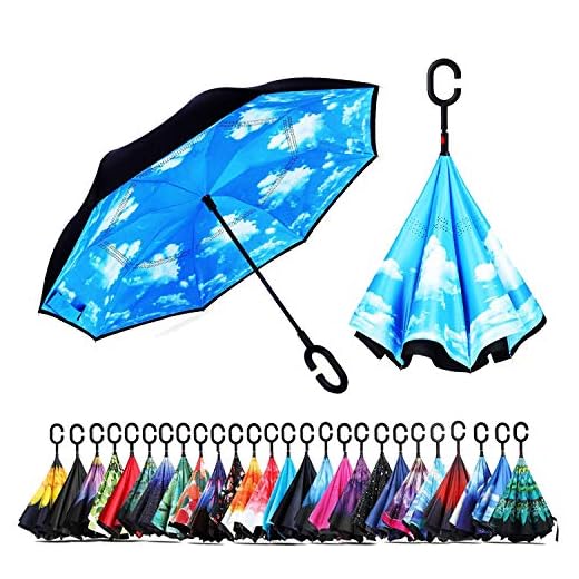 umbresen Double Layer Inverted Umbrella Cars Reverse Open Folding Umbrellas, Windproof UV Protection Large Self Stand Upside Down Straight Umbrella for Golf Women and Men with C-Shaped (Sky)