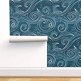 Spoonflower Peel and Stick Removable Wallpaper, Wild Waves Ocean Nautical Swirls Teal White Mermaid...