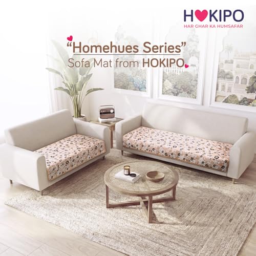 Image of HOKIPO 'Homehues Series' Printed Quilted Sofa Cover 3 Seater and 2 Seater Set - 5 Seater Sofa Cover Mat, Light Peach Candytuft (IN-807 + IN-809 - D6)