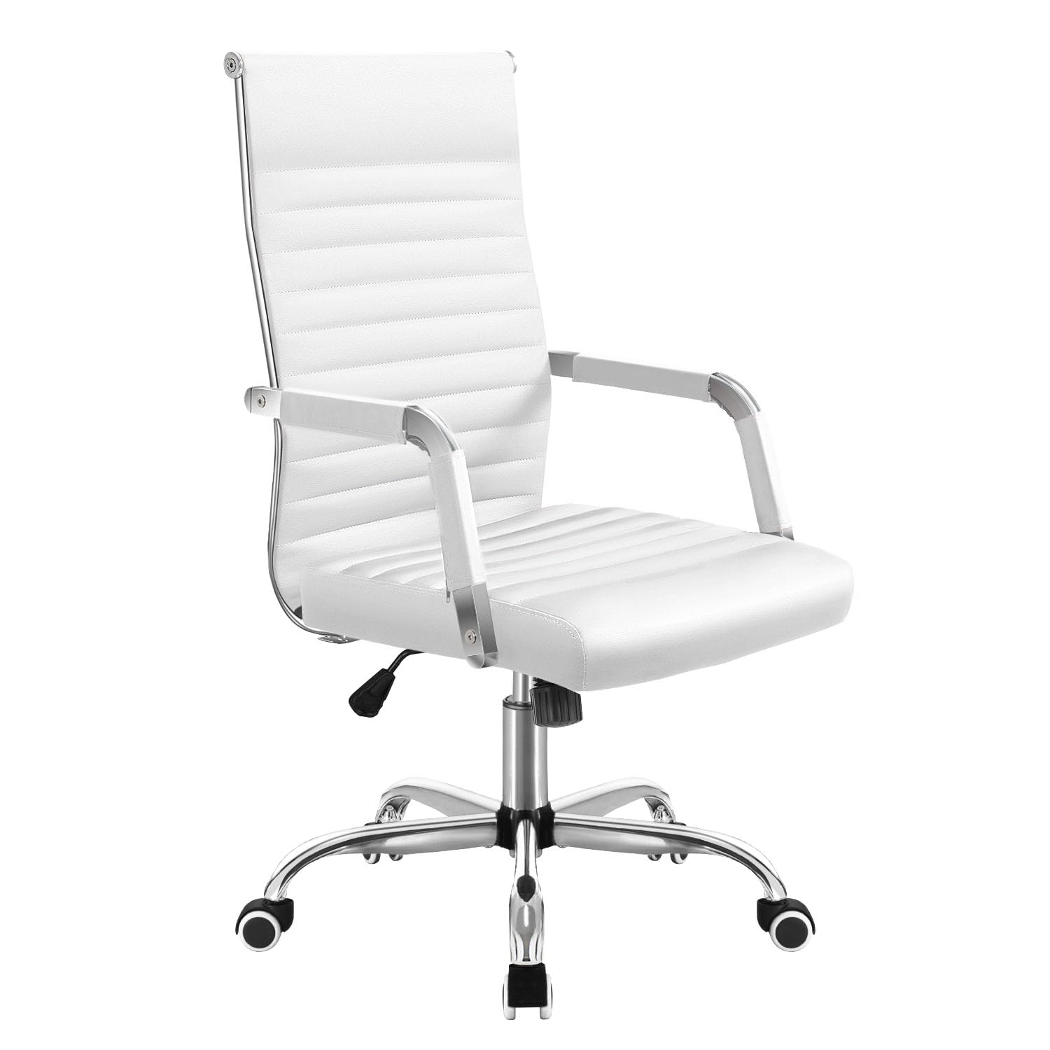 Shahoo Ribbed Office Chair, Mid-Back PU Leather Office Chair Executive Task Chair with 360° Swivel Wheels for Conference Room, Home Offices (White)