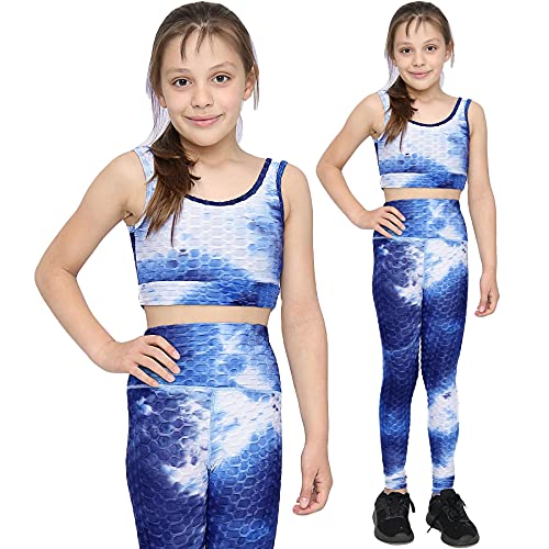 Girls Honeycomb Green Leggings Crop Top Vest Dance Yoga Exercise High Waist Set2