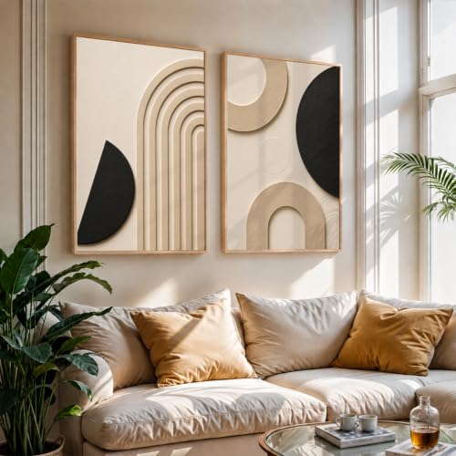 Image of NoWorries Abstract Geometric Wall Painting Set of 2 with Frame | Black Beige Arch & Circle Texture Artwork, Modern Minimal Wall Decor for Living Room, Bedroom, Office and Home Decoration (Art-10, 21x31inch)