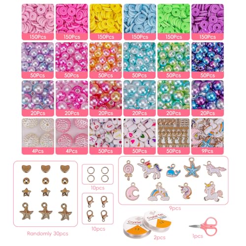 Image of SANNIDHI Bracelet Making Kit for Kids Clay Beads Set Unicorn Charm Gradient Color Bead for Jewelry Making with Crystal Lines and Scissors DIY Beading Crafts, Multicolor