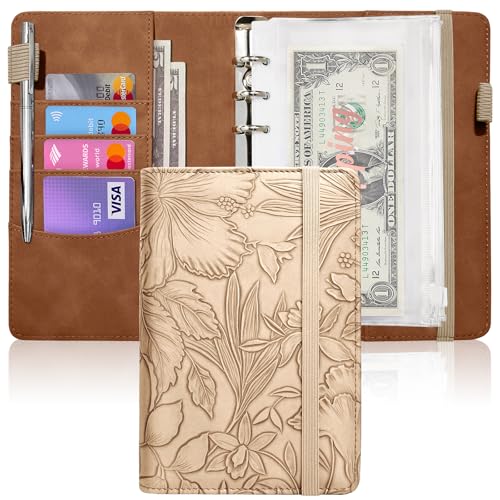 Image of A6 Budget Binder for Money Saving, Budget Planner, Money Organizer for Cash | with 8 Cash Envelopes, Budget Sheets & Rose Gold Category Stickers, PU Leather, Light Brown Embossed Floral