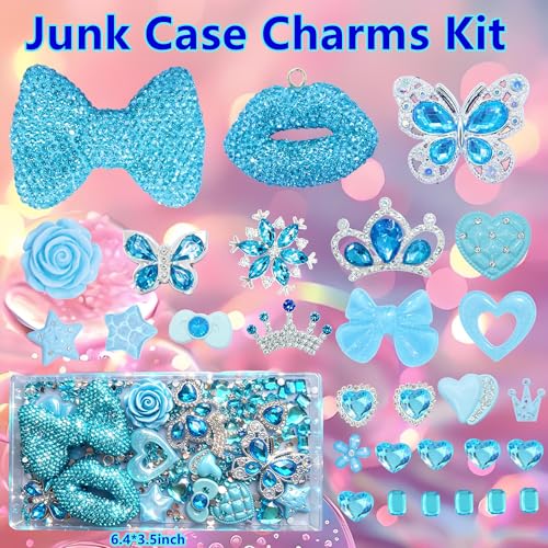 Junk Phones Case,Junk Case Charms,Large Charm Kit with Large Blue Flower Decor,Bling Rhinestone Lips /Bows Junk Charms for DIY Desginer & Social Media Crafting,Flatback Aesthetic Big Decor for Customizing DIY Craft Accessories