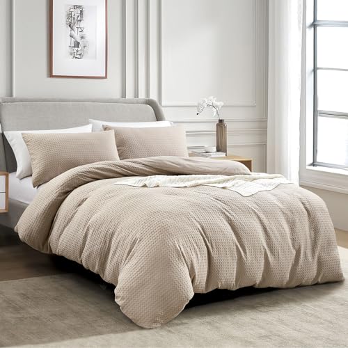 KASYLAN Breathable Duvet Cover Set with Zipper Closure - Waffle Dobby Weave Texture Duvet Sets, Modern Boho Duvet Cover & Pillow case, All Season Microfiber Bedding Quilt Cover Set (Double, Taupe)