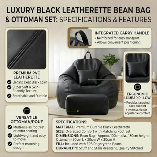 Image of KAM'S LIEU 5XL Luxury Faux Leather Bean Bag with Footrest & Cushion | Pre-Filled High-Density Polystyrene Beans | Premium Leatherette | 6 Months Warranty Color- (Black, Without Footrest)