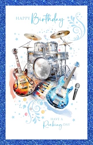 Cherry Orchard Men's Birthday Card - Birthday Card for Him - Rock Music Design- Drums & Guitar - Stylish Foil Border - complete with Envelope